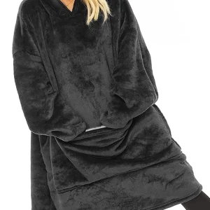 Solid Teddy Lined Hooded Throw Blanket Black