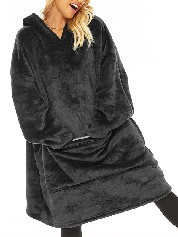 Solid Teddy Lined Hooded Throw Blanket Black