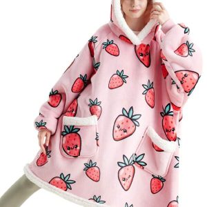 Wearable Blanket Hoodie With Sleeves - Sherpa Hooded Blanket Adult As Warm Gifts For Mom Women Girlfriend Men, Winter Sweatshirt Blanket With Giant Pocket, Printed - WearableBlanket Printed-Strawberry