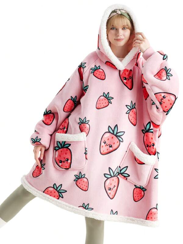 Wearable Blanket Hoodie With Sleeves - Sherpa Hooded Blanket Adult As Warm Gifts For Mom Women Girlfriend Men, Winter Sweatshirt Blanket With Giant Pocket, Printed - WearableBlanket Printed-Strawberry