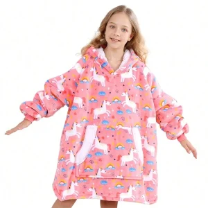 Wearable Blanket For Kids With Large Pocket, Cartoon Flannel Sherpa Oversized Blanket Hoodie, For Boys Girls Pink Unicorn