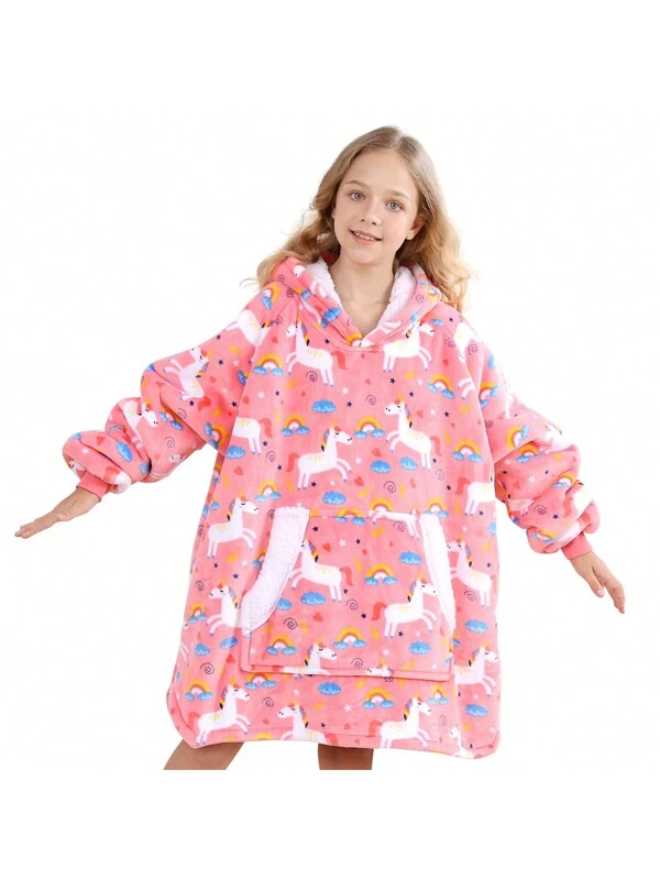 Wearable Blanket For Kids With Large Pocket, Cartoon Flannel Sherpa Oversized Blanket Hoodie, For Boys Girls Pink Unicorn