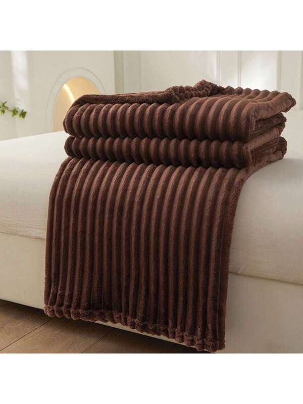 New Arrival Thick Striped Plush Blanket Coffee Brown