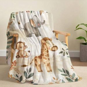 1pc Children's Picture Book Style Square Printed Plush Blanket With Lovely Forest Animals, Elephant, Monkey And Giraffe Patterns, Soft And Warm, Suitable For All Seasons, Perfect For Living Room, Sofa, Bedroom And Camping, Or As Gift Multicolor