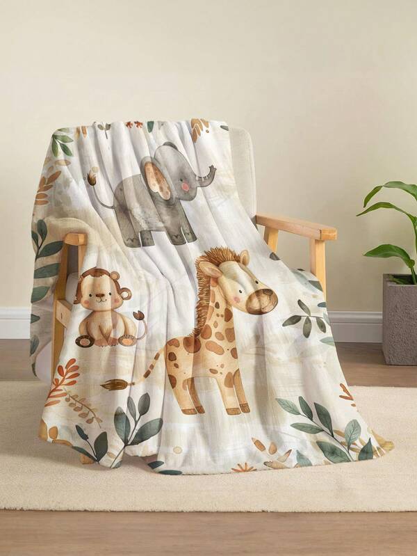 1pc Children's Picture Book Style Square Printed Plush Blanket With Lovely Forest Animals, Elephant, Monkey And Giraffe Patterns, Soft And Warm, Suitable For All Seasons, Perfect For Living Room, Sofa, Bedroom And Camping, Or As Gift Multicolor