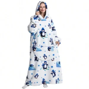 Extra Long Wearable Blanket Hoodie For Women Men Adults Oversized Hooded Blanket Sweatshirt, Super Soft Warm Comfortable Giant Wearable Blanket Hoodie With Big Pocket penguins