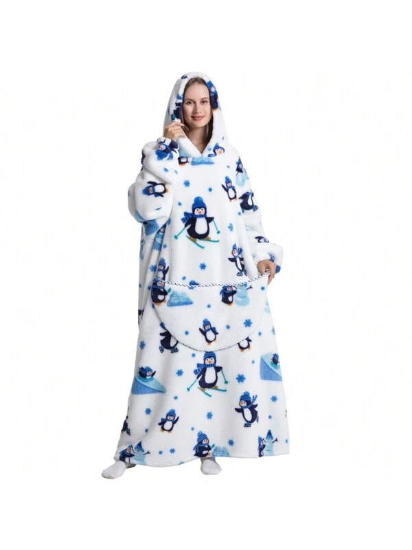 Extra Long Wearable Blanket Hoodie For Women Men Adults Oversized Hooded Blanket Sweatshirt, Super Soft Warm Comfortable Giant Wearable Blanket Hoodie With Big Pocket penguins