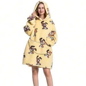 Unisex Blanket Sweatshirt Hoodie, Winter Warm Soft Oversized Sherpa Hoodie Wearable Blanket Dressing Gown Nightdress Cats and dogs