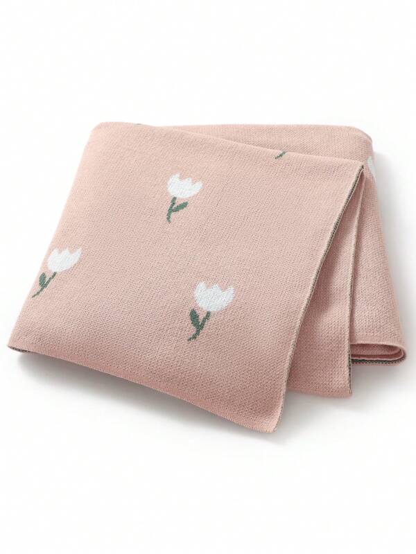 1pc Tulip Jacquard Knitted Baby Blanket, Children Blanket For All Seasons Pink