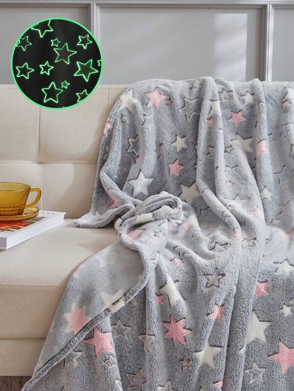 1pc Flannel Printed Five-Pointed Star Pattern Night Light Blanket, Children's Bed Or Sofa Soft Skin-Friendly All Seasons Universal Blanket Grey