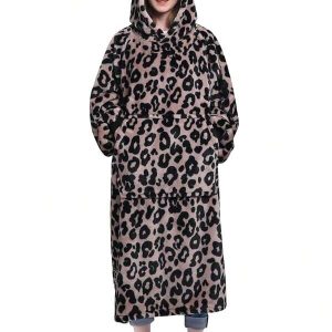 Wearable Blanket Sweatshirt Gifts For Women And Men, Warm And Cozy Giant Blanket Hoodie, Thick Flannel Blanket With Sleeves And Giant Pocket Leopard