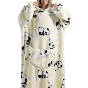 1pc Wearable Blanket Hoodie Plush - Plus Size Flannel Fluffy Nightgowns, Soft Warm Sherpa Casual Slight Stretch Sleepwear Robes, Comfy Sweatshirt With Big Pocket For Women & Men Multicolor