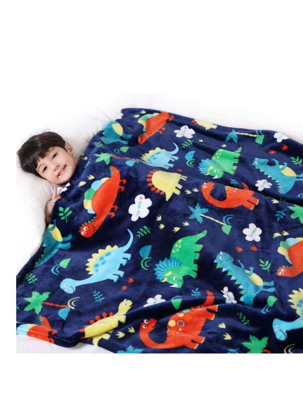 1pc Children Flannel Blanket, Soft And Warm, Suitable For Baby Room, Children Room, Sofa, Comfortable Baby Blanket, Cute Dinosaur Pattern, 60*40 Inches Navy Blue