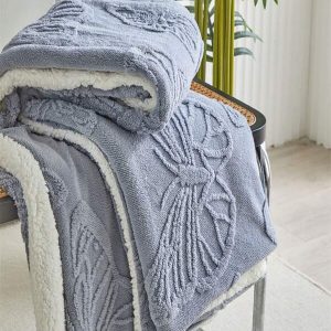 1pc Taffeta Plus Fleece Thick Blanket, Butterfly Pattern Jacquard Double-Layer Throw Plus Fleece Thick Blanket, Suitable For Bed And Sofa Decor Plus Fleece Thick Blanket, Single/Double Person, Fluffy Soft Warm Thick Plus Fleece Thick Blanket Dark Grey