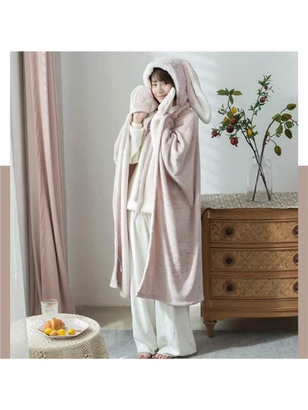 1pc Plain Color Wearable Plus Fleece Thick Blanket, Modern Simple Polyester Flannel Fluffy Thick Soft Comfortable Suitable For Living Room Sofa In Winter Pink