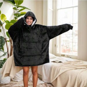 1pc Fleece Blanket With Sleeves, Winter Hooded Sweatshirt Style, Giant Wearable Blanket With Large Pockets, For Adults Black