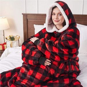 1pc Hooded Wearable Blanket Sweatshirt, Unisex, Extra Large Soft Warm Cozy Hooded Wearable Blanket Sweatshirt With Big Pockets, Christmas Decorations For Adults, Christmas Party Supplies Red Plaid