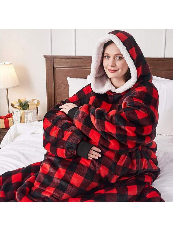 1pc Hooded Wearable Blanket Sweatshirt, Unisex, Extra Large Soft Warm Cozy Hooded Wearable Blanket Sweatshirt With Big Pockets, Christmas Decorations For Adults, Christmas Party Supplies Red Plaid