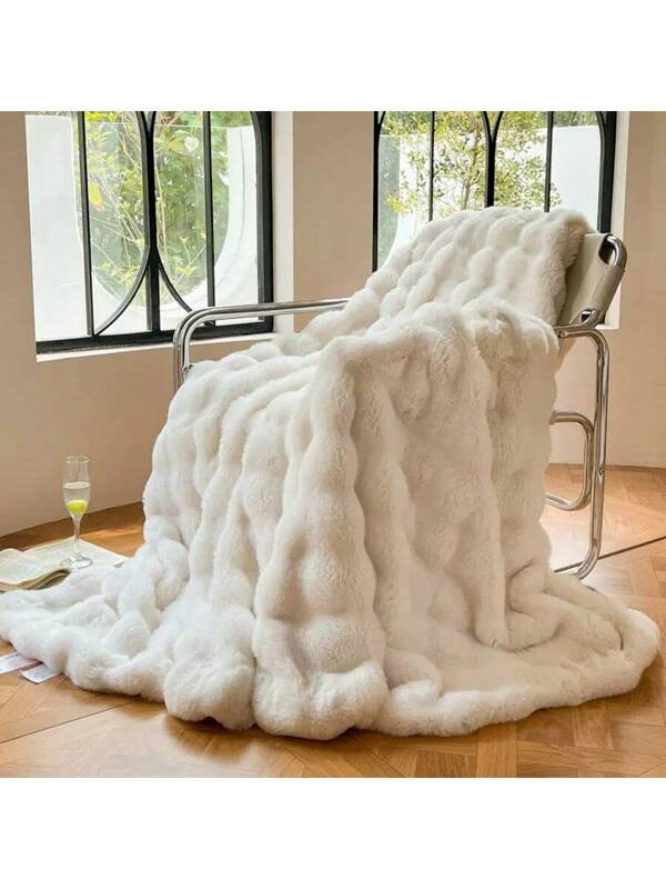 1pc Luxury Plush Rabbit Fur Blanket, Thick Milk Fleece, For Winter, Office Nap, Sofa Cover, Bedding Beige