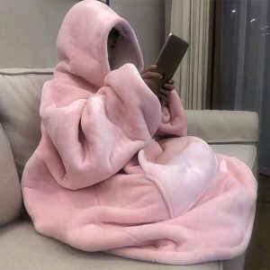 Cozy Oversized Hooded Wearable Blanket - Super Soft Sherpa-Lined Reversible Hoodie Sweatshirt With Kangaroo Pocket, Machine Washable Pink