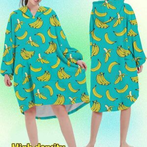 1pc Adult Hooded Wearable Blanket Sweatshirt With Pockets, Warm Flannel Blanket Coat With Donut, Banana, Strawberry, Leopard Print Banana