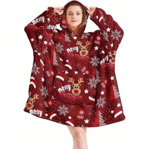 Cozy Christmas Reindeer Hooded Wearable Blanket For Women - Soft, Warm & Comfortable With Large Pockets - Perfect Gift For Girlfriend Or Mom Multicolor