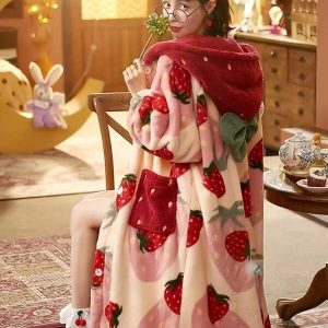 1pc Women Strawberry Print Coral Fleece Robe, Warm Wearable Blanket Hooded Shawl For Home/Outdoor Use, Autumn/Winter Multicolor