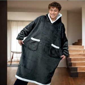 Oversized Hooded Flannel Snuggie TV Blanket Hooded Robe, Loose Fit Warm Fleece Wearable Blanket With Double-Sided Flannel, For Indoor/Outdoor Use Black