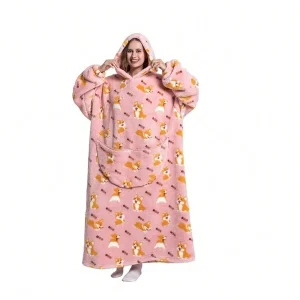 Plus Size Cute Nightgown, Women's Plus Sloth Pattern Ultra Soft Sherpa Fleece Warm Oversized Hooded Wearable Blanket With Giant Pockets Corgi Hoodie