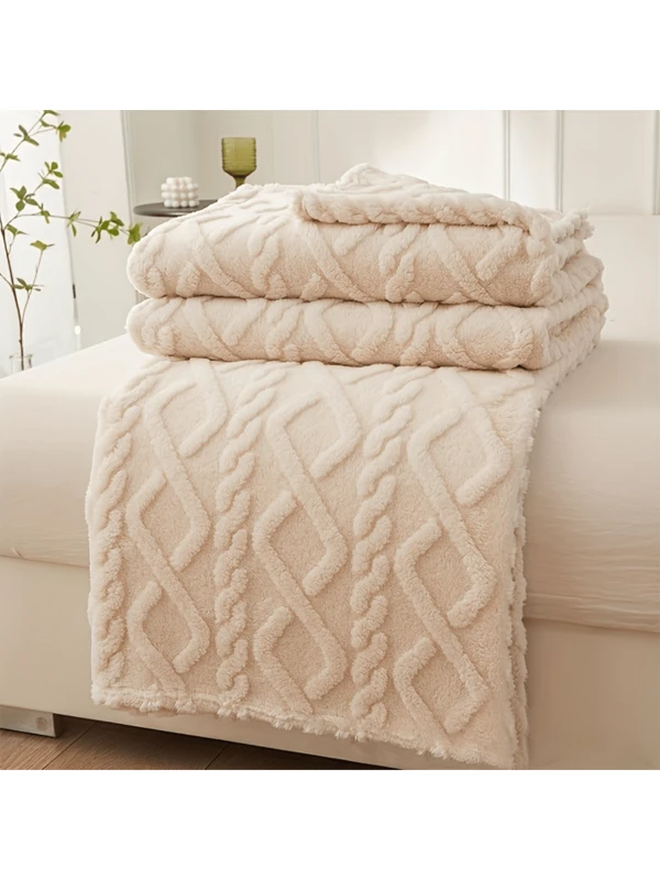 1pc Lamb Fleece Blanket Comfortable Soft 3D Fashionable Design Plush Thick Warm Blanket, Soft Warm Plush Air Conditioning Blanket Flannel Throw Blanket, Multifunctional Blanket For Bed Couch Travel Khaki